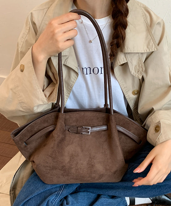 Minimalist Style Coffee Suede Pleated Large Capacity Shoulder Bag