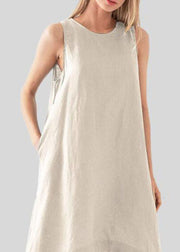 Modern Apricot O Neck Pockets Patchwork Cotton Dress Sleeveless