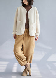 Modern Apricot O-Neck Thick Faux Fur Coat Outwear Winter