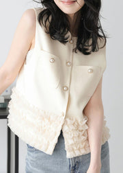 Modern Beige Ruffled Patchwork Cotton Vest Top Sleeveless