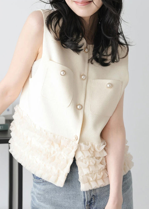 Modern Beige Ruffled Patchwork Cotton Vest Top Sleeveless