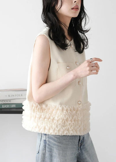 Modern Beige Ruffled Patchwork Cotton Vest Top Sleeveless