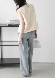 Modern Beige Ruffled Patchwork Cotton Vest Top Sleeveless