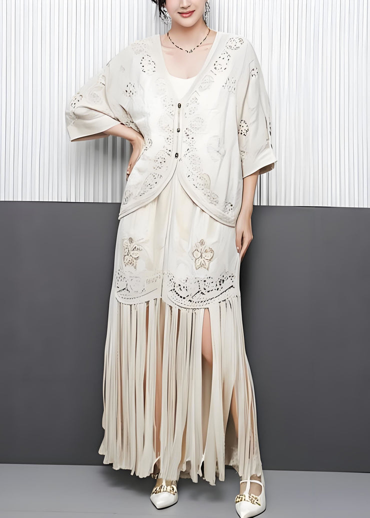 Modern Beige Tasseled Hollow Out Embroidered Cotton Two Pieces Set Summer