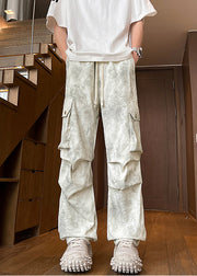 Modern Beige Tie Dye Pockets Wrinkled Cotton Mens Pants Spring