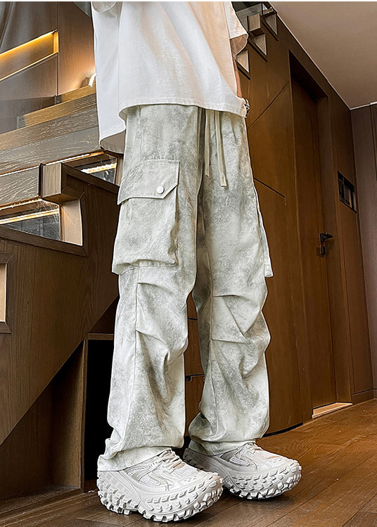 Modern Beige Tie Dye Pockets Wrinkled Cotton Mens Pants Spring