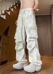 Modern Beige Tie Dye Pockets Wrinkled Cotton Mens Pants Spring