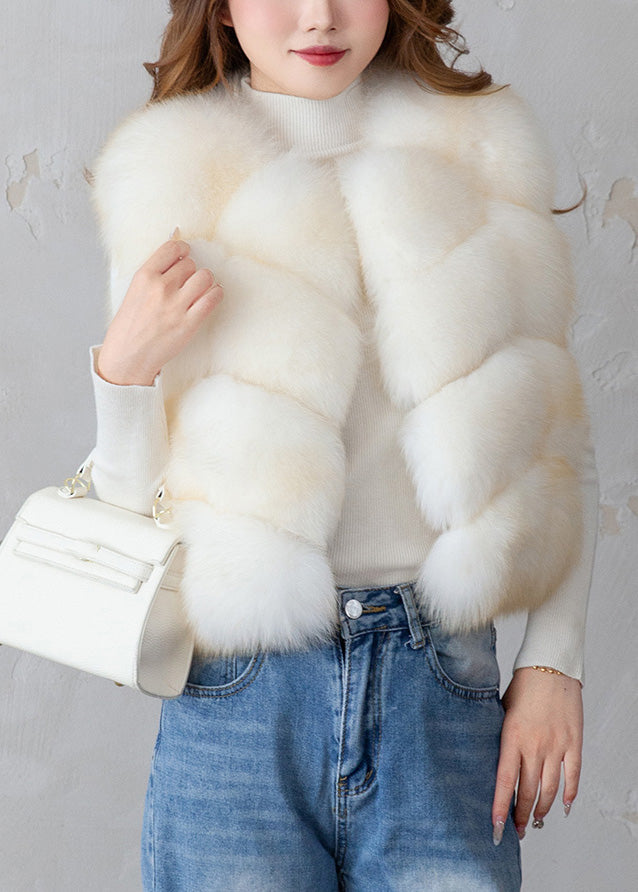 Modern Beige V Neck Patchwork Leather And Fur Waistcoat Winter