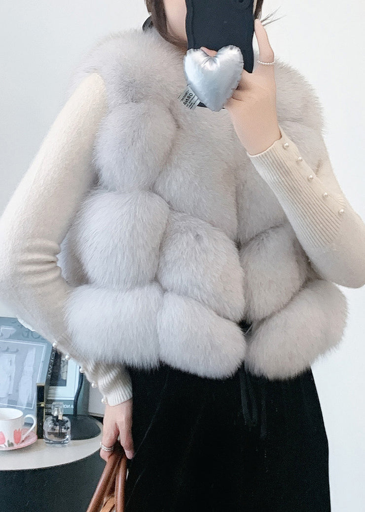 Modern Beige V Neck Patchwork Leather And Fur Waistcoat Winter