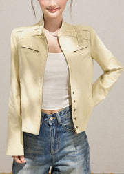 Modern Beige Zippered Wrinkled Cotton Jacket Fall
