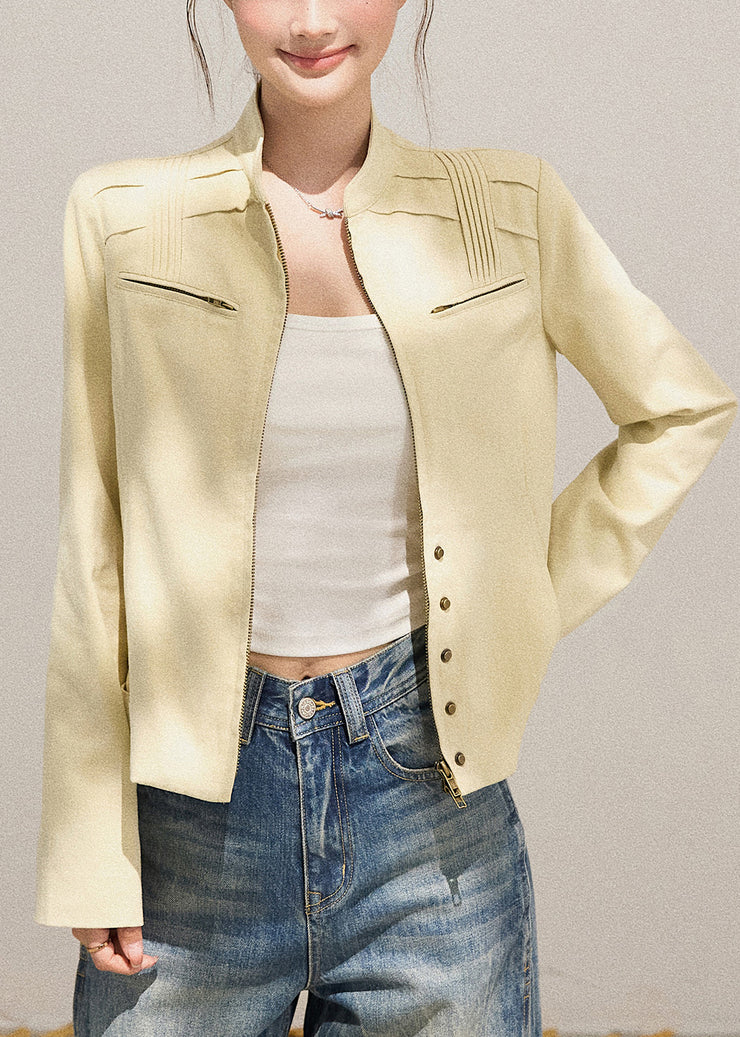 Modern Beige Zippered Wrinkled Cotton Jacket Fall