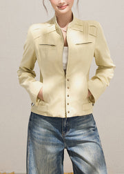 Modern Beige Zippered Wrinkled Cotton Jacket Fall