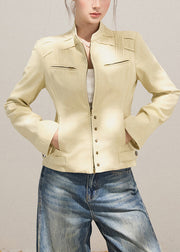 Modern Beige Zippered Wrinkled Cotton Jacket Fall