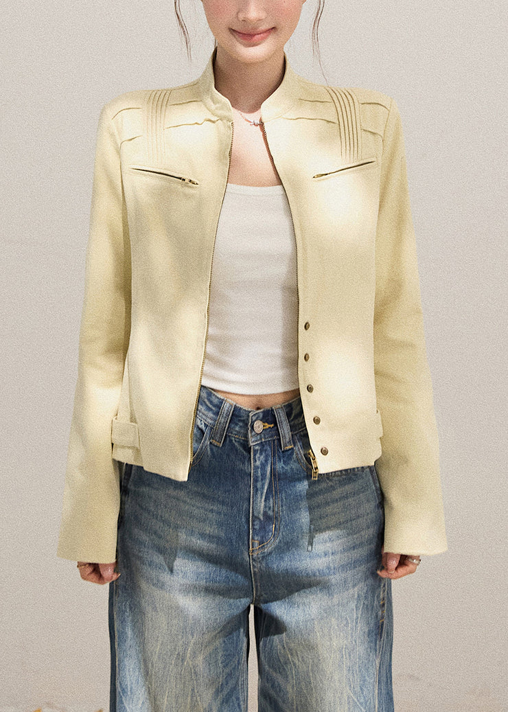 Modern Beige Zippered Wrinkled Cotton Jacket Fall