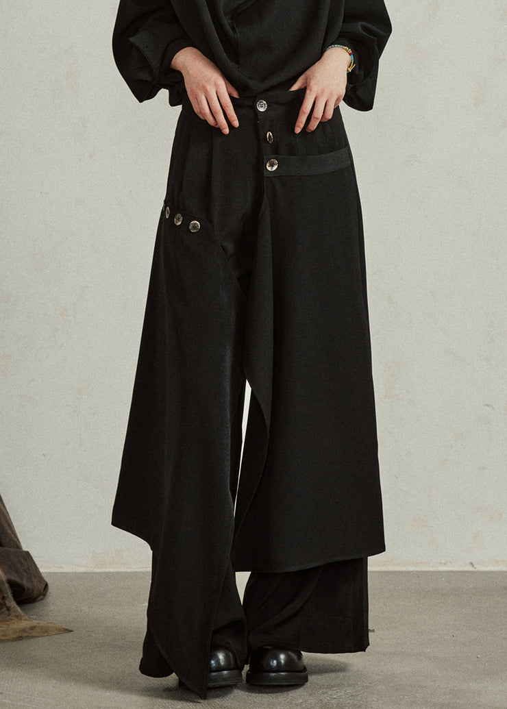 Modern Black Asymmetrical Button Pockets Cotton Pants Fall