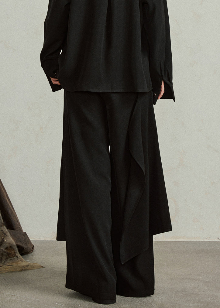 Modern Black Asymmetrical Button Pockets Cotton Pants Fall
