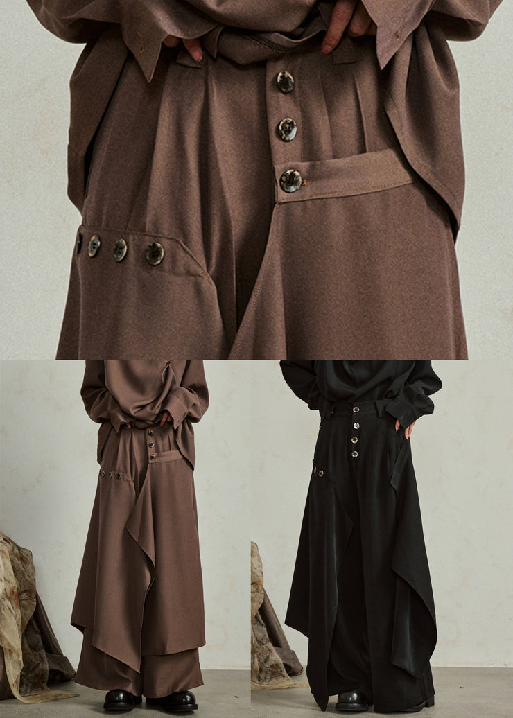 Modern Black Asymmetrical Button Pockets Cotton Pants Fall