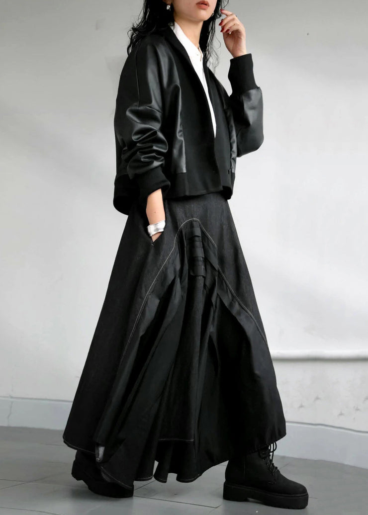 Modern Black Asymmetrical Exra Large Hem Denim Skirts Fall