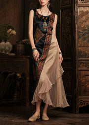 Modern Black Asymmetrical Patchwork Print Silk Robe Dresses Sleeveless