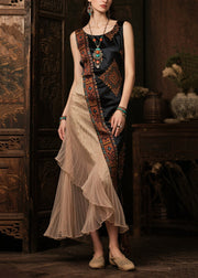 Modern Black Asymmetrical Patchwork Print Silk Robe Dresses Sleeveless