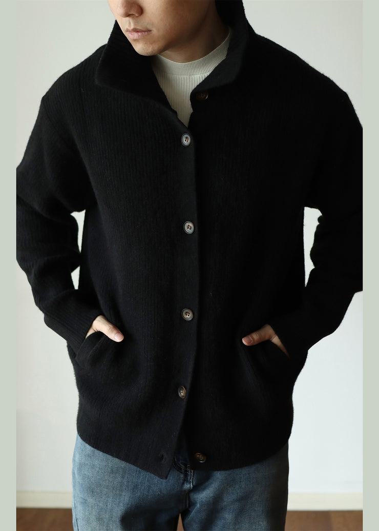 Modern Black Button Cozy Woolen Mens Coat Winter