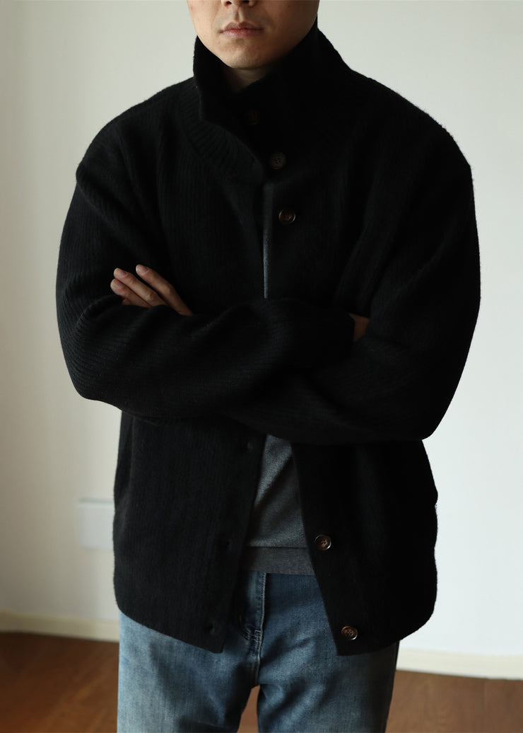 Modern Black Button Cozy Woolen Mens Coat Winter