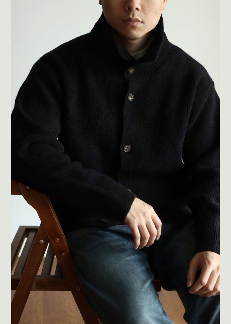 Modern Black Button Cozy Woolen Mens Coat Winter