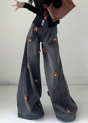 Modern Black Button Floral High Waist Denim Wide Leg Pants Fall