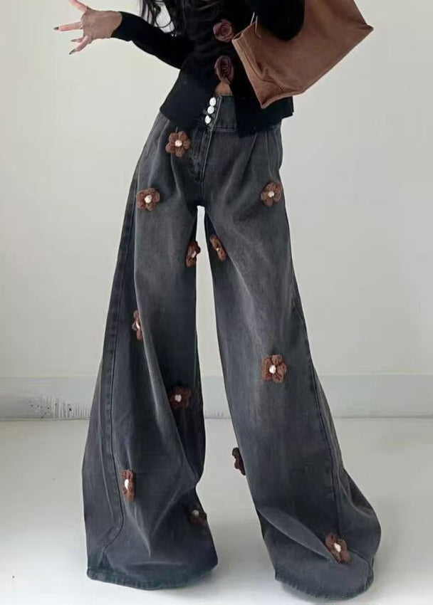 Modern Black Button Floral High Waist Denim Wide Leg Pants Fall