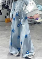 Modern Black Button Floral High Waist Denim Wide Leg Pants Fall