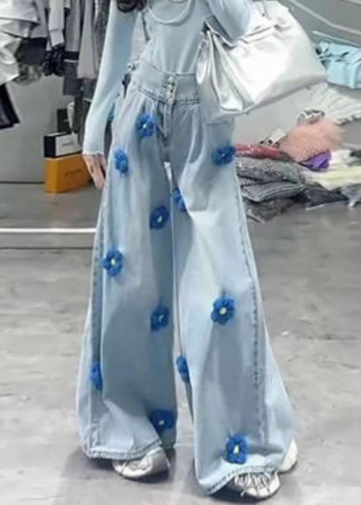Modern Black Button Floral High Waist Denim Wide Leg Pants Fall