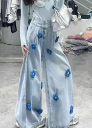 Modern Black Button Floral High Waist Denim Wide Leg Pants Fall
