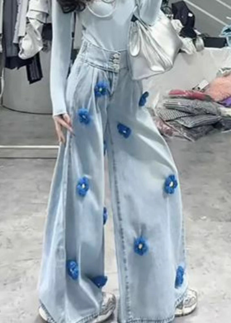 Modern Black Button Floral High Waist Denim Wide Leg Pants Fall