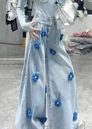 Modern Black Button Floral High Waist Denim Wide Leg Pants Fall