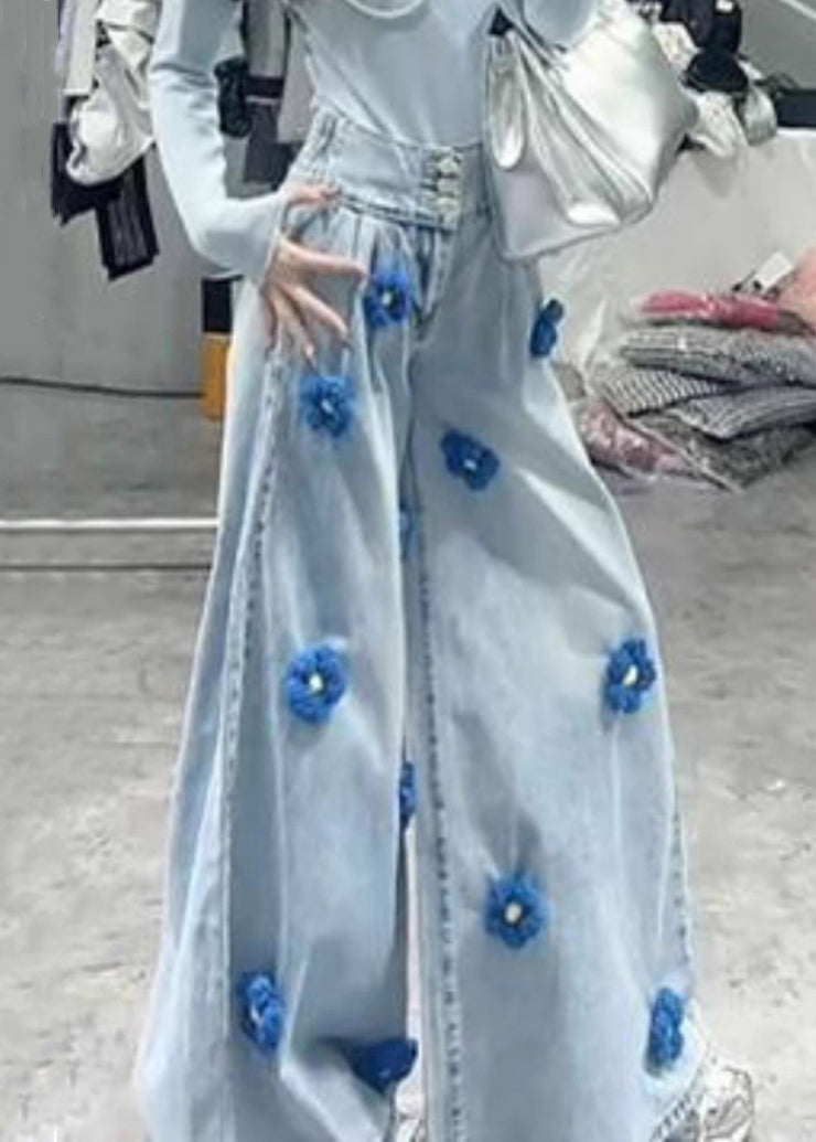 Modern Black Button Floral High Waist Denim Wide Leg Pants Fall