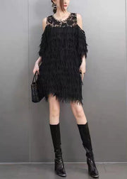 Modern Black Cold Shoulder Patchwork Eyelash Mini Dresses Summer