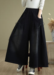 Modern Black Cross Strap Denim Wide Leg Pants Summer