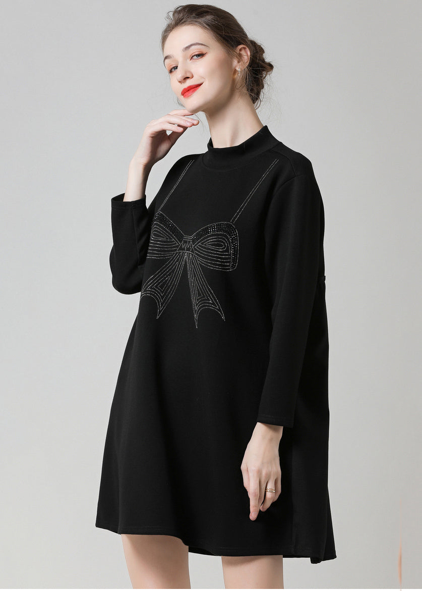 Modern Black High Neck Ruffled Patchwork Bow Cotton Robe Dresses Sprin ...