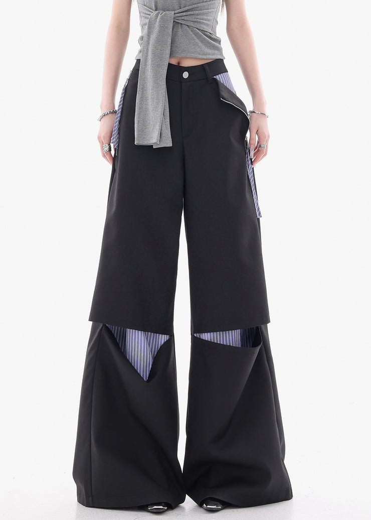 Modern Black Hole Patchwork Cotton Wide Leg Pants Fall