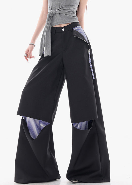 Modern Black Hole Patchwork Cotton Wide Leg Pants Fall