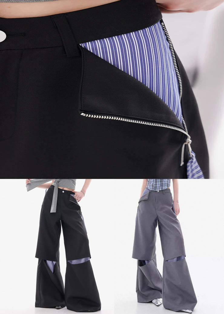 Modern Black Hole Patchwork Cotton Wide Leg Pants Fall
