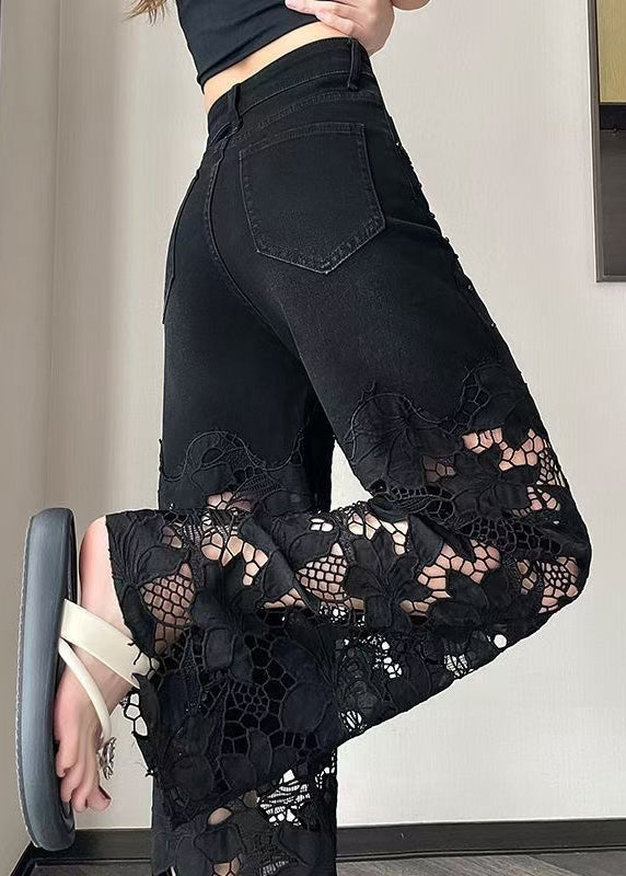 Modern Black Hollow Out Nail Bead Denim Pants Summer