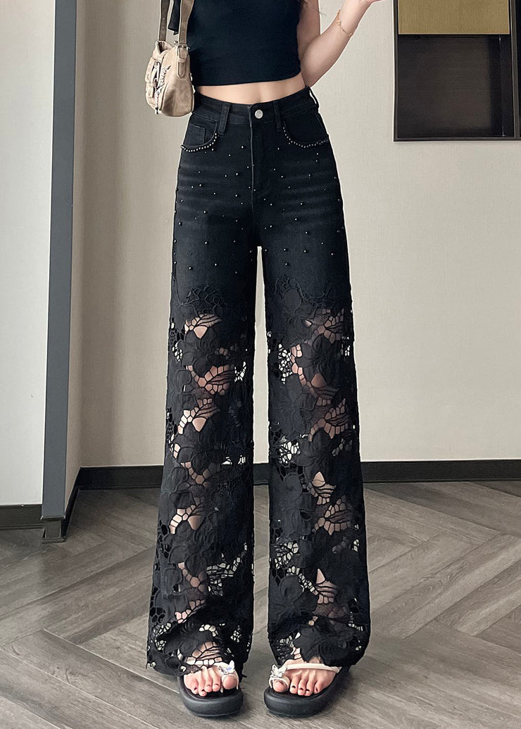Modern Black Hollow Out Nail Bead Denim Pants Summer