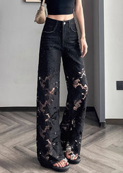 Modern Black Hollow Out Nail Bead Denim Pants Summer