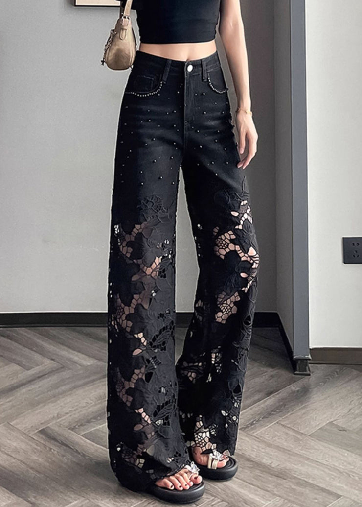 Modern Black Hollow Out Nail Bead Denim Pants Summer