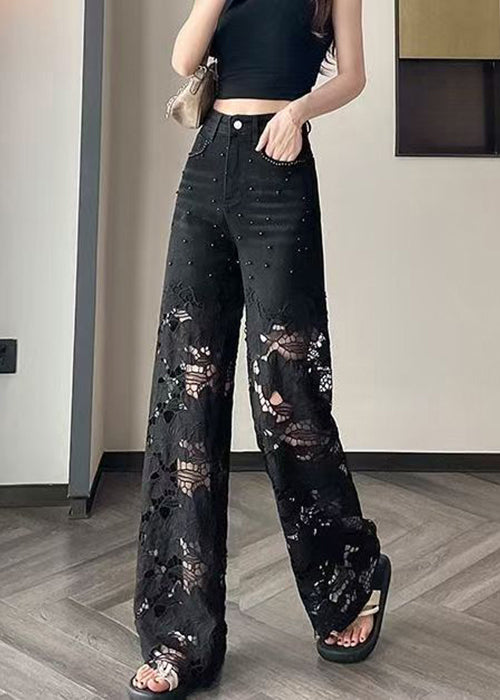 Modern Black Hollow Out Nail Bead Denim Pants Summer