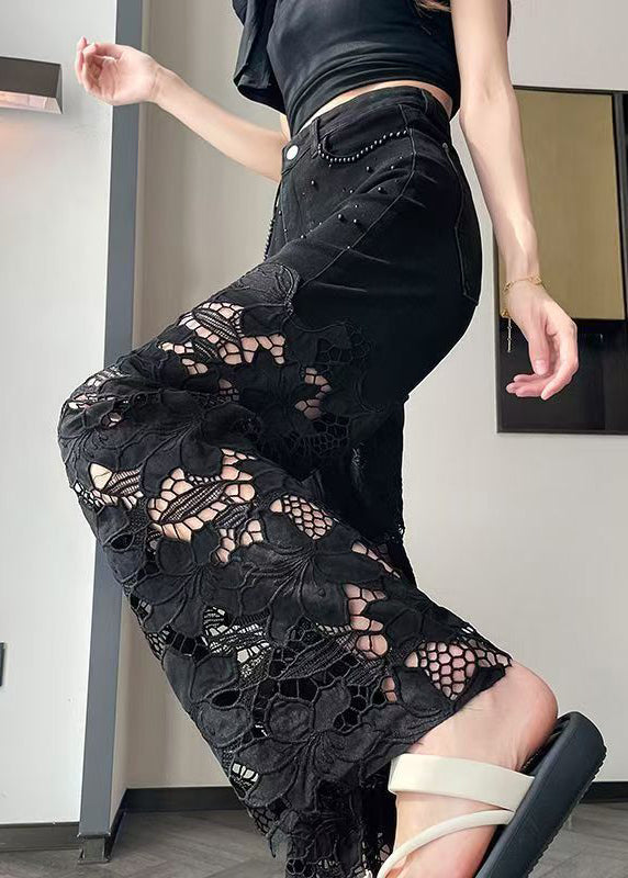 Modern Black Hollow Out Nail Bead Denim Pants Summer