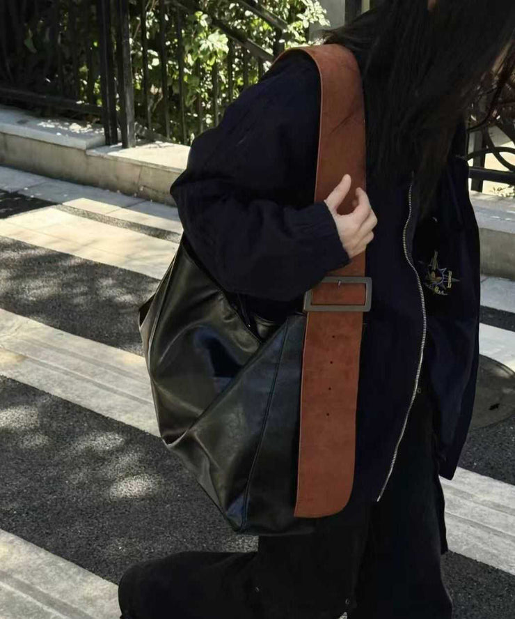 Modern Black Large Capacity Faux Leather Messenger Bag