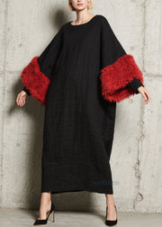 Modern Black O Neck Fuzzy Fur Patchwork Cotton Dress Fall
