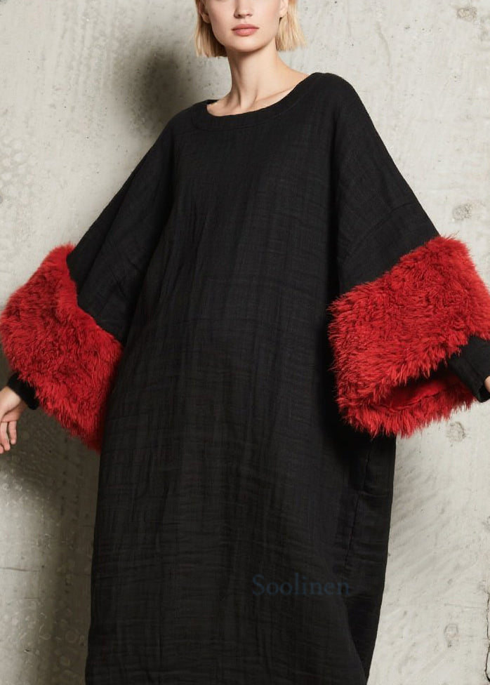 Modern Black O Neck Fuzzy Fur Patchwork Cotton Dress Fall